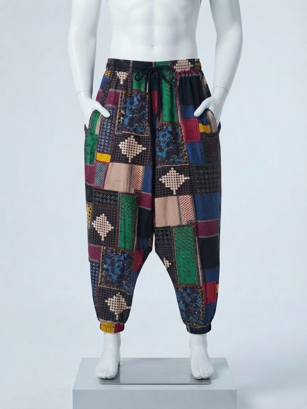 ONTTNO Boho Patchwork Harem Pants Linen Cotton Blend Tapered Lounge Festival XL